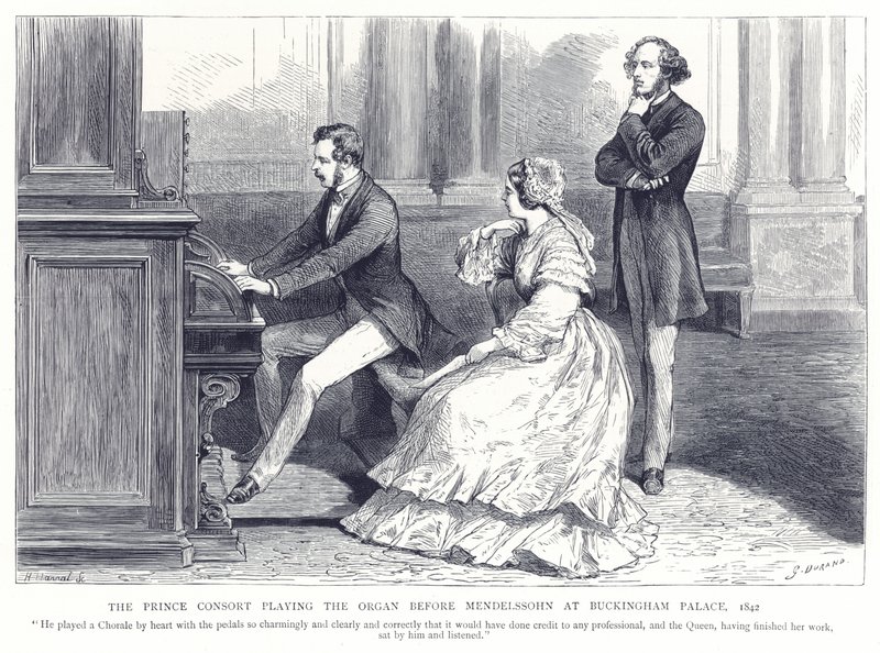 Princ Consort hraje na varhany před Mendelssohnem v Buckinghamském paláci, 1842 od English School