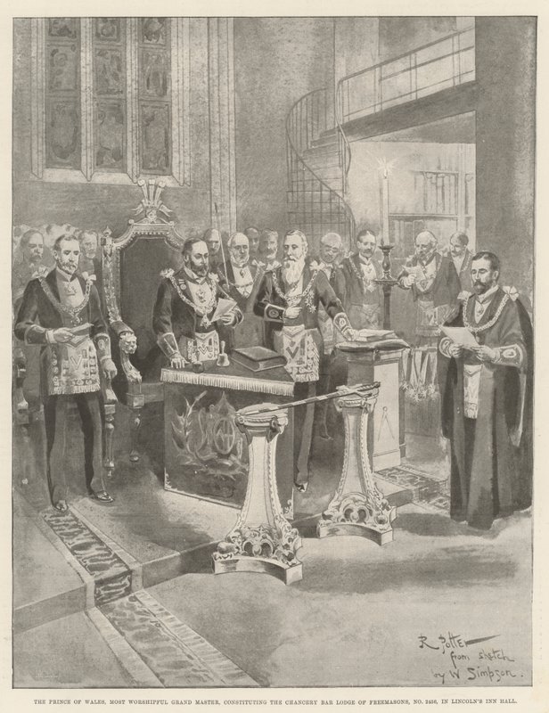 Princ z Walesu, nejctihodnější velmistr, tvořící Chancery Bar Lodge of Freemasons, č. 2456, v Lincoln