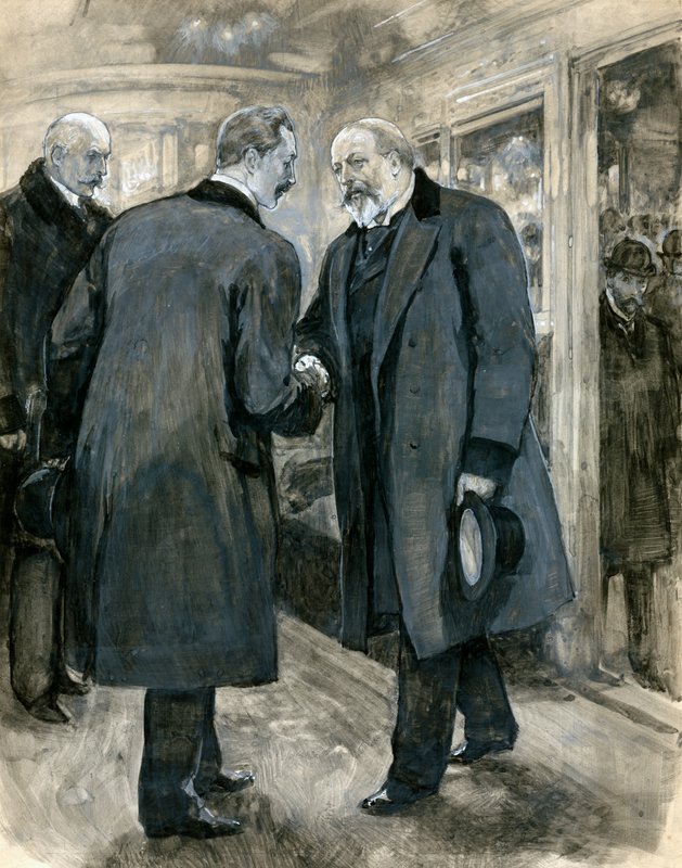 Princ z Walesu pozdravil německého císaře, stanice Charing Cross, 20. ledna 1901 (wc na papíře) od English School
