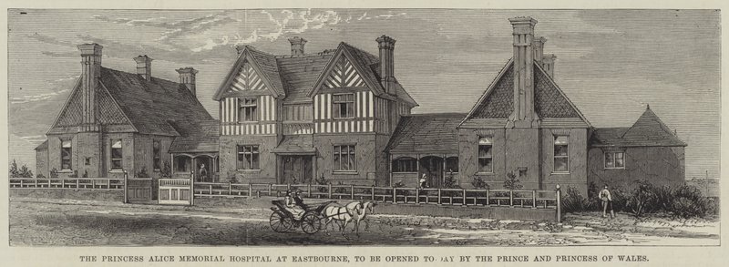Princezna Alice Memorial Hospital v Eastbourne, kterou dnes otevře princ a princezna z Walesu (rytina) od English School