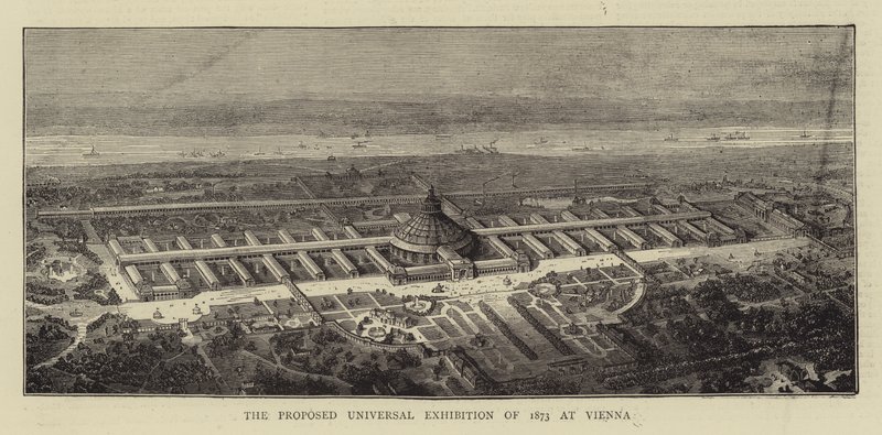Navrhovaná světová výstava z roku 1873 ve Vídni (rytina) od English School