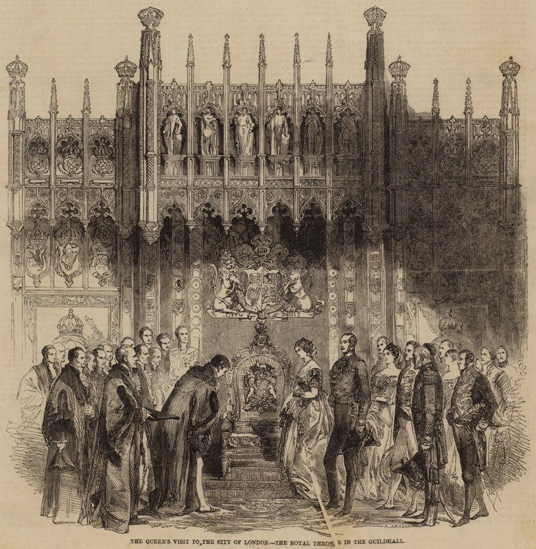 Návštěva královny v londýnské City, královský trůn v Guildhall (rytina) od English School