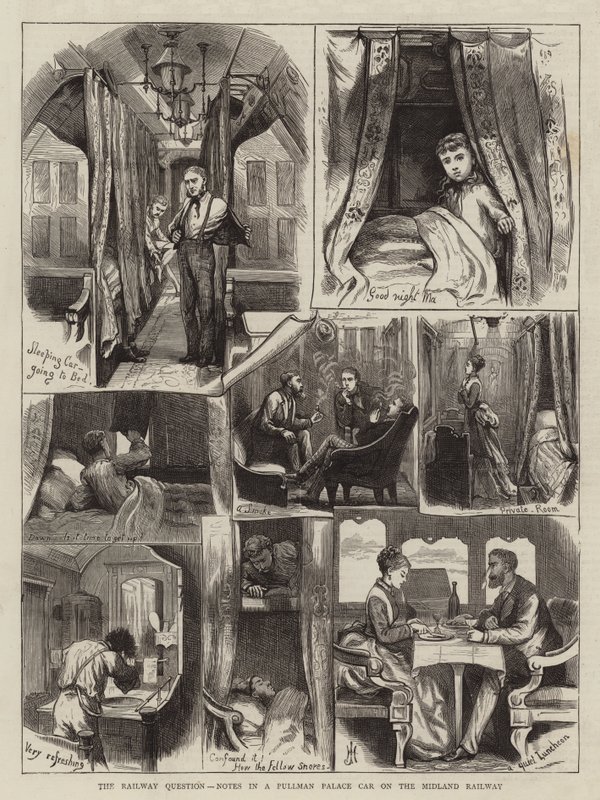 Železniční otázka, poznámky ve voze Pullman Palace na Midland Railway (rytina) od English School