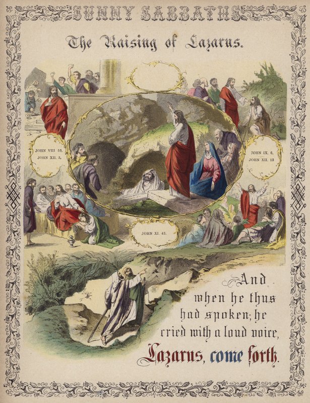 Vzkříšení Lazara (barevná rytina) od English School