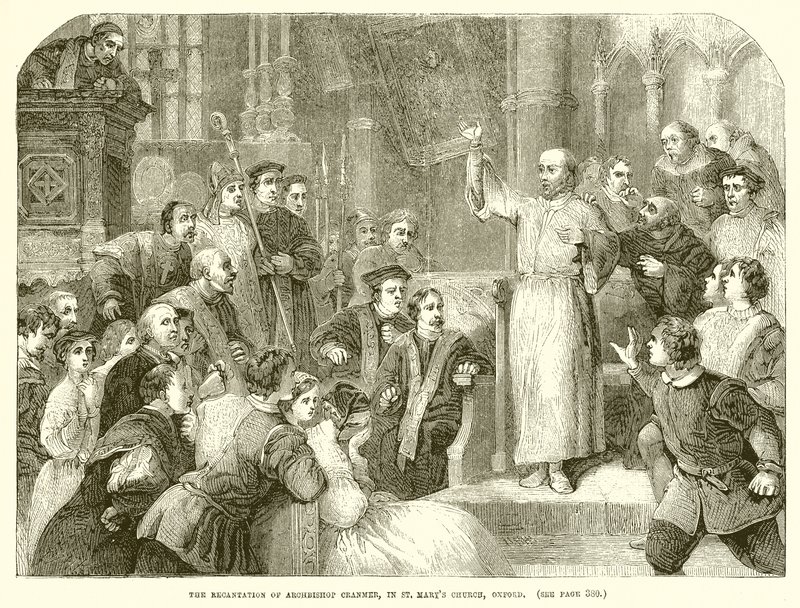 Rekantace arcibiskupa Cranmera v kostele St. Marys v Oxfordu od English School