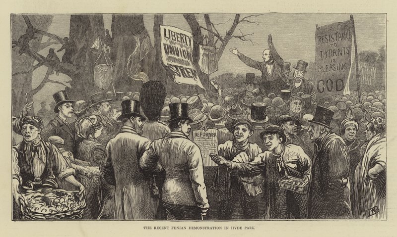 Nedávná demonstrace Fenian v Hyde Parku (rytina) od English School