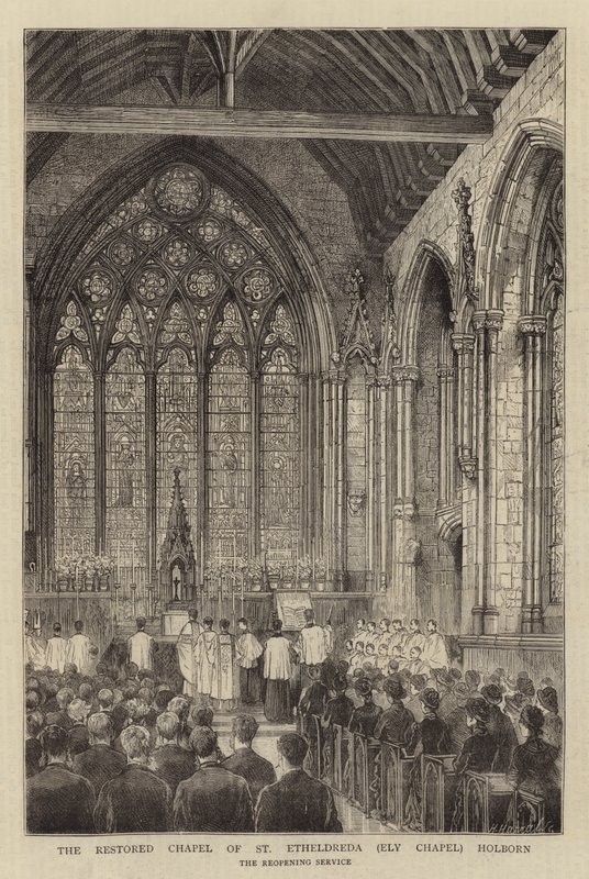 Obnovená kaple svaté Etheldredy (Ely Chapel) Holborn (rytina) od English School