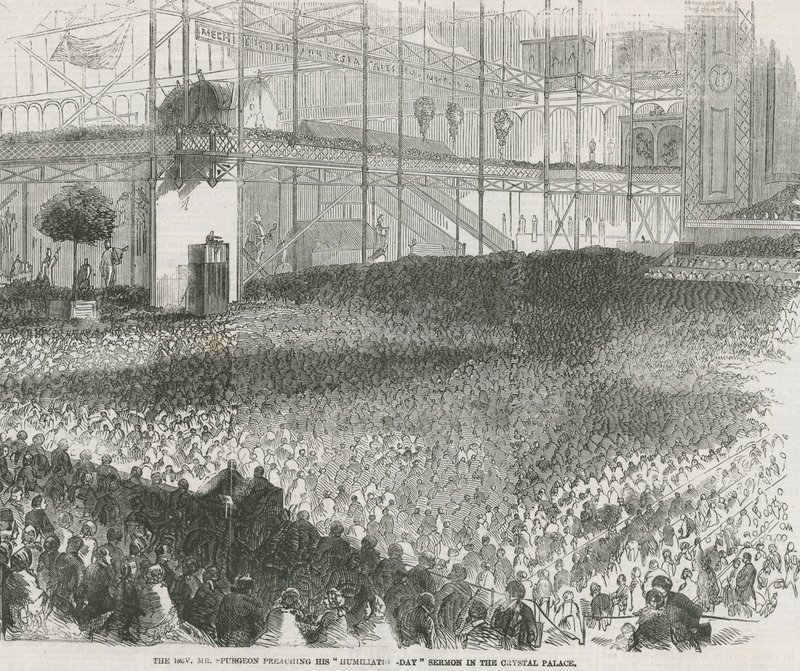 Reverend Charles Haddon Spurgeon káže své kázání ke Dni ponížení v Crystal Palace od English School