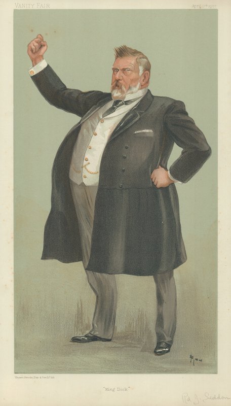 The Right Hon Richard John Seddon, King Dick, 17. dubna 1902, karikatura Vanity Fair od English School
