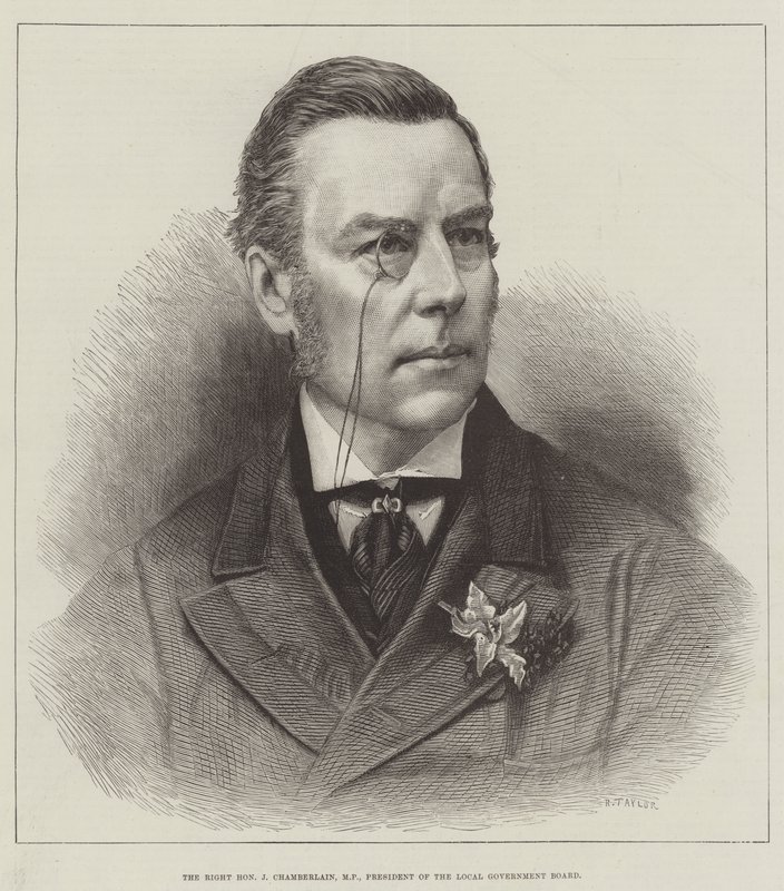 The Right Honorable J Chamberlain, poslanec, předseda rady místní samosprávy (rytina) od English School