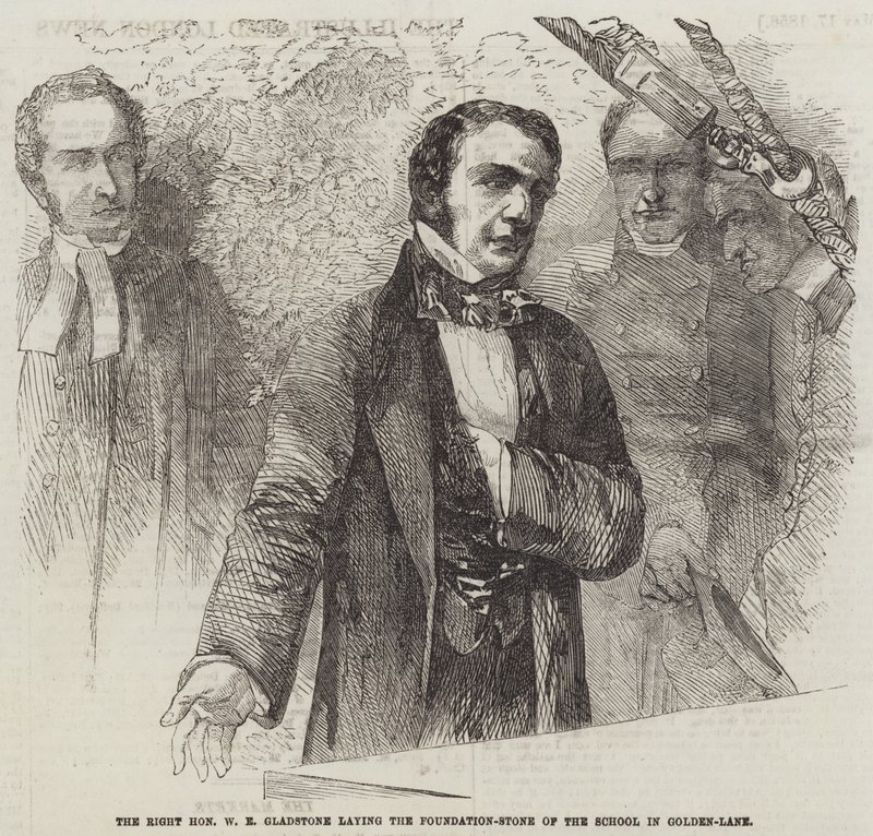 Správný čestný W E Gladstone, který pokládá základní kámen školy v Golden-Lane (rytina) od English School