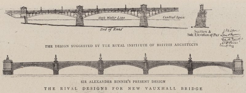 The Rival Designs for New Vauxhall Bridge (rytina) od English School