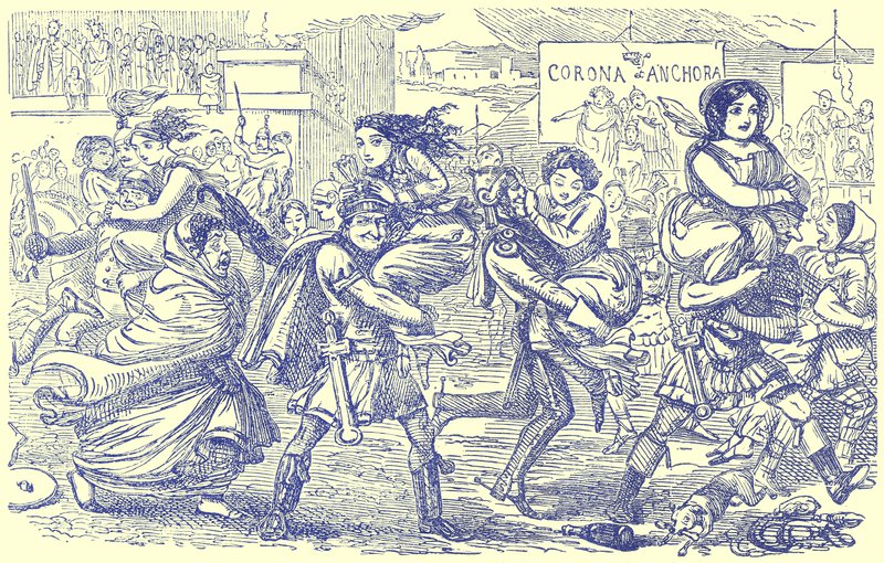 Římané odcházející se Sabinkami, ilustrace z knihy The Comic History of Rome od Gilberta Abbotta a Becketta, vydané kolem roku 1850 (digitálně upravený obrázek) od English School
