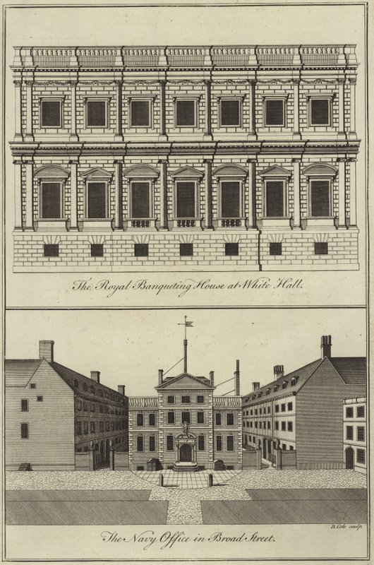 Královský banketní dům ve Whitehallu a Navy Office na Broad Street v Londýně od English School