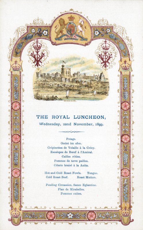 The Royal Luncheon, středa 22. listopadu 1899, menu od English School