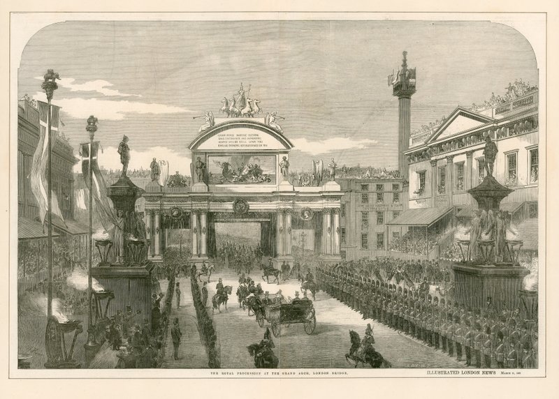 Královský průvod u Grand Arch, London Bridge od English School