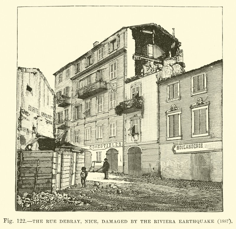 Rue Debray, Nice, poškozená zemětřesením na Riviéře, 1887 od English School