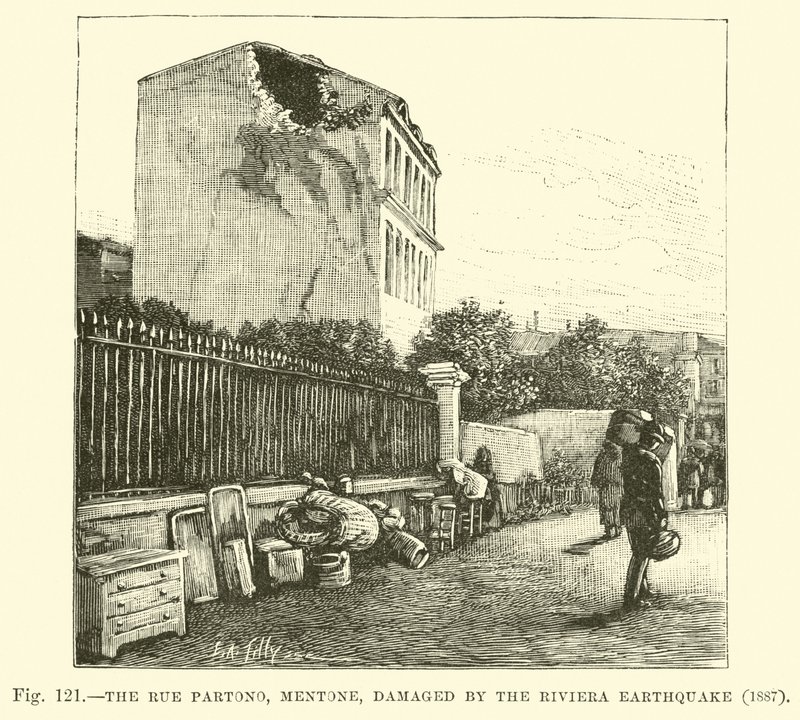 Rue Partono, Mentone, poškozená zemětřesením na Riviéře, 1887 od English School