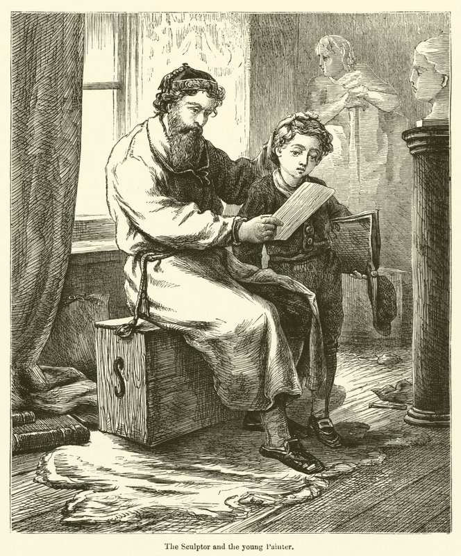 Sochař a mladý malíř (rytina) od English School