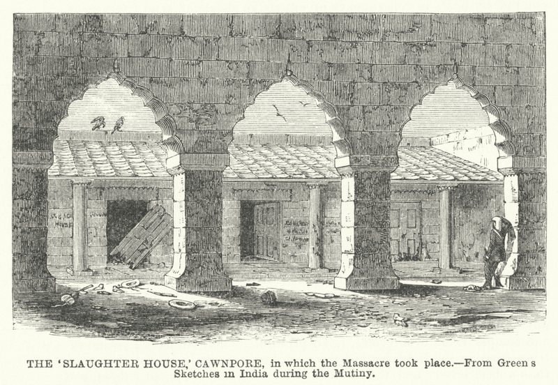 "Slaughter House", Cawnpore, ve kterém se masakr odehrál od English School