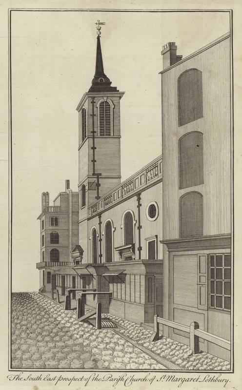 South East Prospect farního kostela St Margaret Lothbury, Londýn od English School
