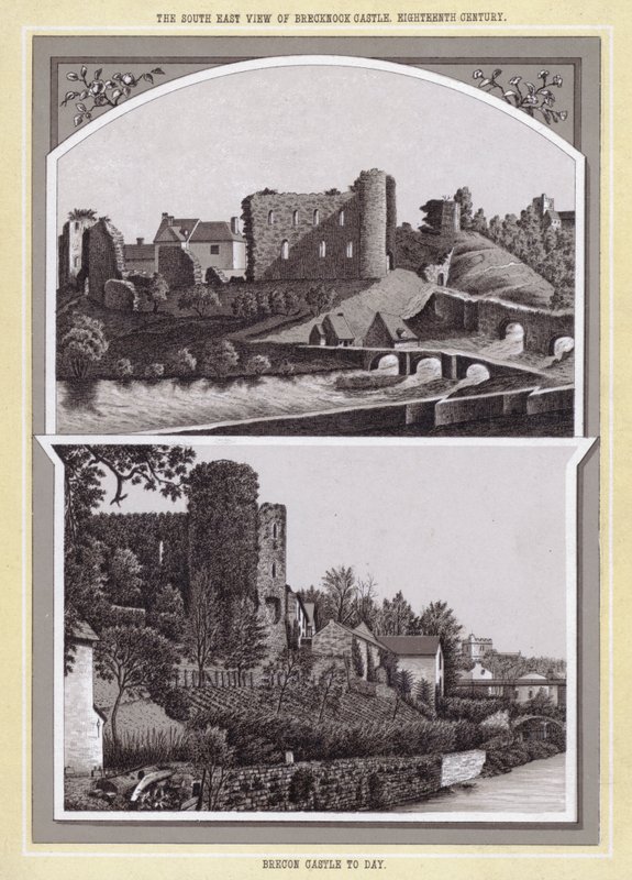 Jihovýchodní pohled na hrad Brecknock, 18. století; Brecon Castle dnes (litho) od English School