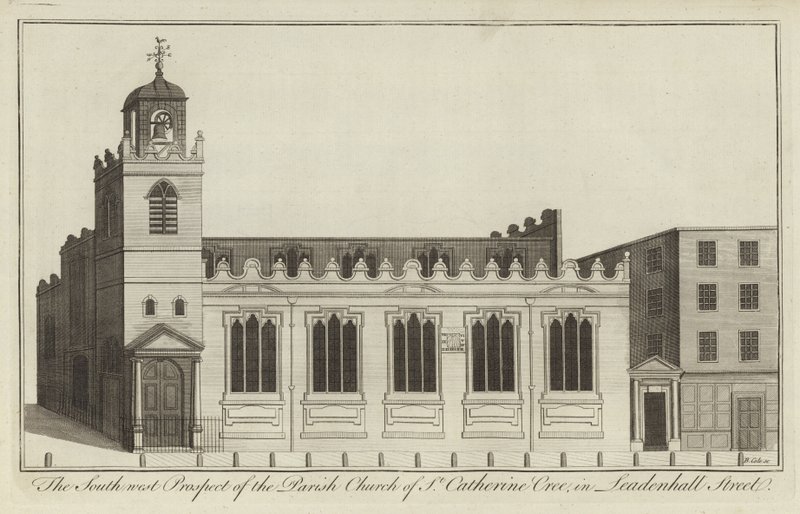 South West Prospect farního kostela St Catherine Cree v Leadenhall Street, Londýn od English School
