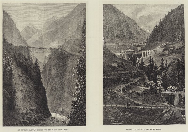 Železniční tunel St Gothard (rytina) od English School