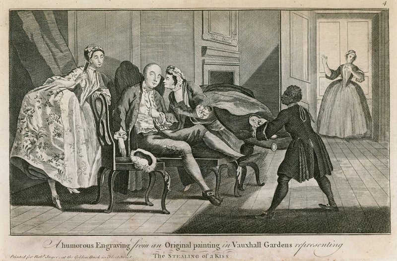 The Stealing of a Kiss: Vtipná rytina z originálního obrazu ve Vauxhall Gardens v Londýně od English School