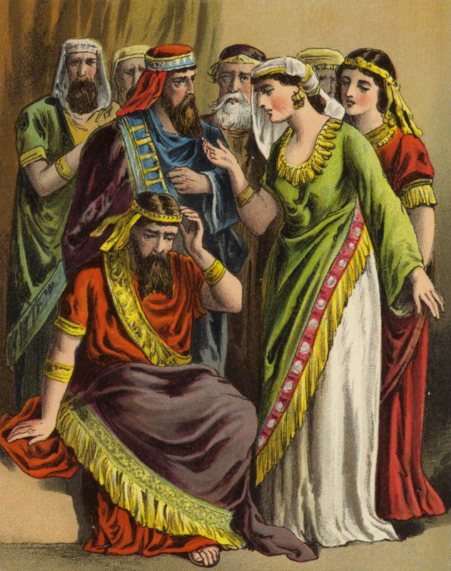 Příběh královny Ester: Haman podává svou stížnost Zeresh, jeho ženě a všem jeho přátelům (barva litho) od English School