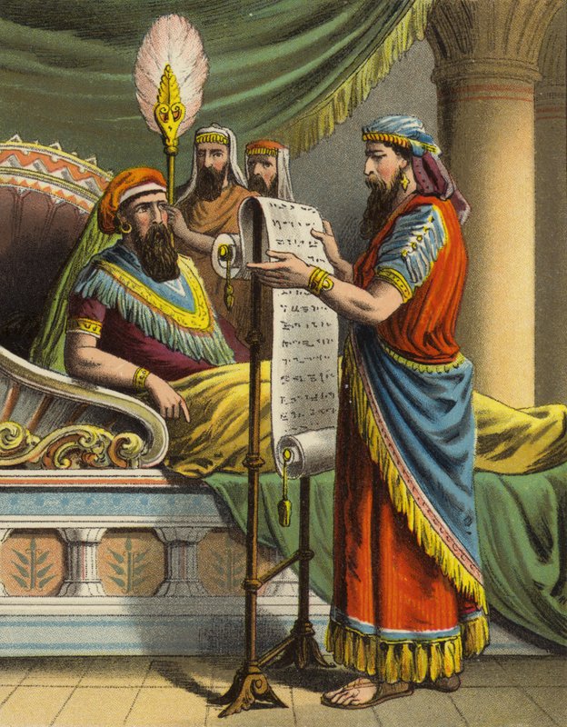 Příběh královny Ester: Král Ahasver slyší o Mordechajovi v knize rekordů (barevné litho) od English School