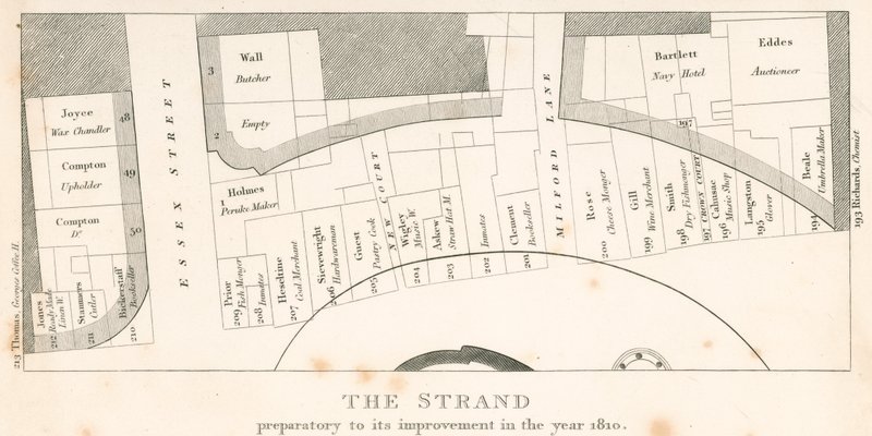 Strand, Londýn, před jeho zlepšením v roce 1810; plán oblasti od English School