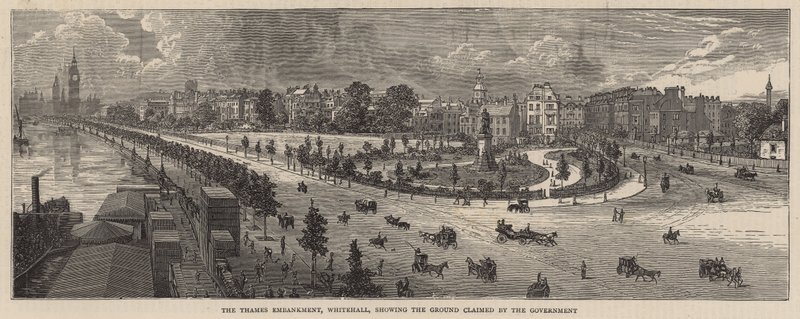 Nábřeží Temže, Whitehall, ukazuje území nárokované vládou od English School