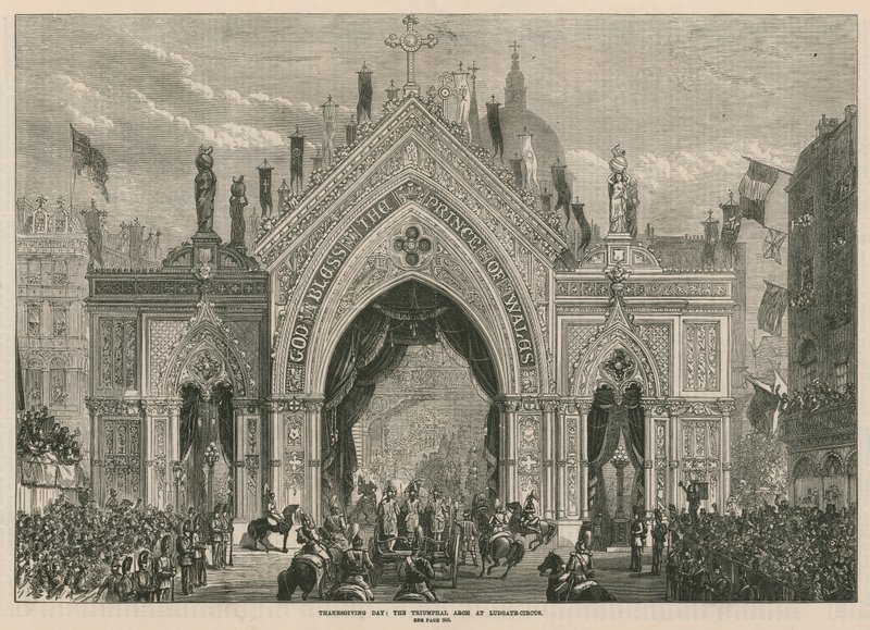 Den díkůvzdání: vítězný oblouk na Ludgate Hill od English School