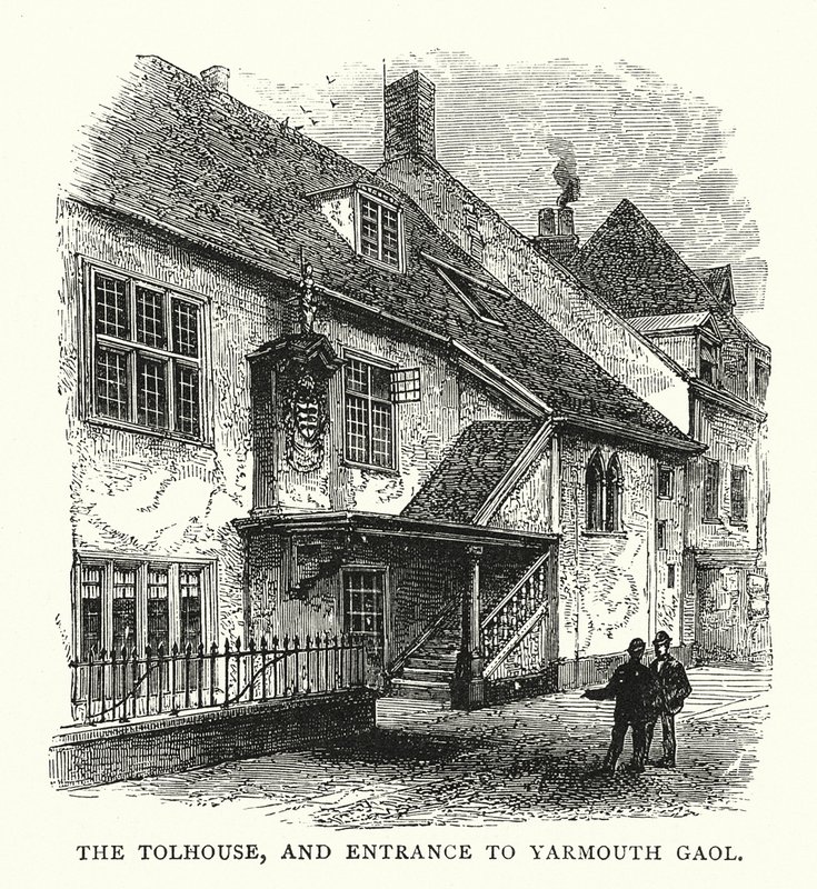 Tolhouse a vchod do věznice Yarmouth Gaol (rytina) od English School