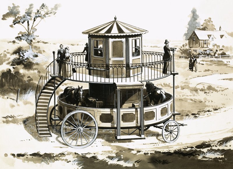 Treadmill Bus, vynalezený v roce 1824 Williamem Francisem Snowdonem od English School
