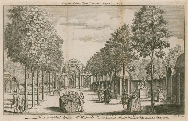 Triumfální oblouky, socha pana Handelse, v South Walk of Vauxhall Gardens v Londýně od English School