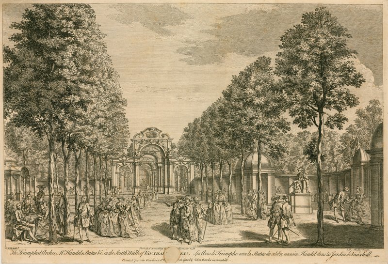Triumfální oblouky, socha pana Handelse, v South Walk of Vauxhall Gardens v Londýně od English School