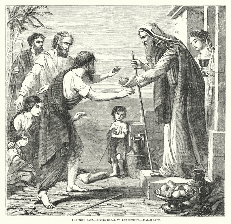 Pravý půst, dávání chleba hladovým, Isaiah LVIII (rytina) od English School
