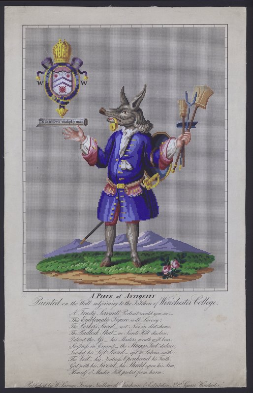 The Trusty Servant, namalovaný na stěně sousedící s kuchyní Winchester College, Hampshire, anglickým básníkem Johnem Hoskinsem v roce 1579 od English School