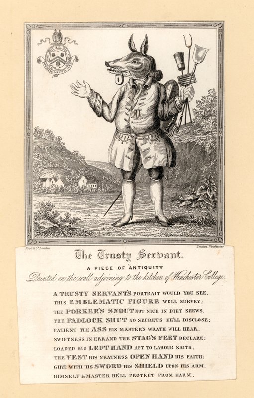 The Trusty Servant, obraz z roku 1579 od anglického básníka Johna Hoskinse na zdi sousedící s kuchyní Winchester College, Hampshire (rytina) od English School