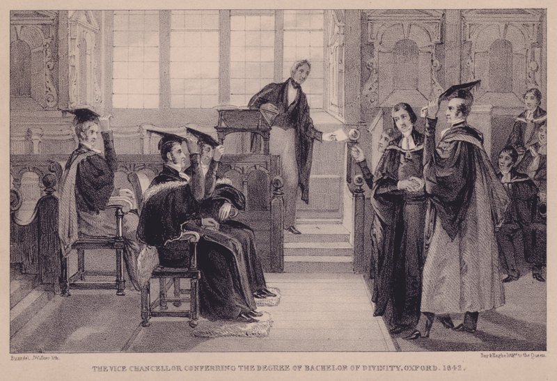 Vicekancléř udělující titul bakaláře bohosloví, Oxford, 1842 od English School