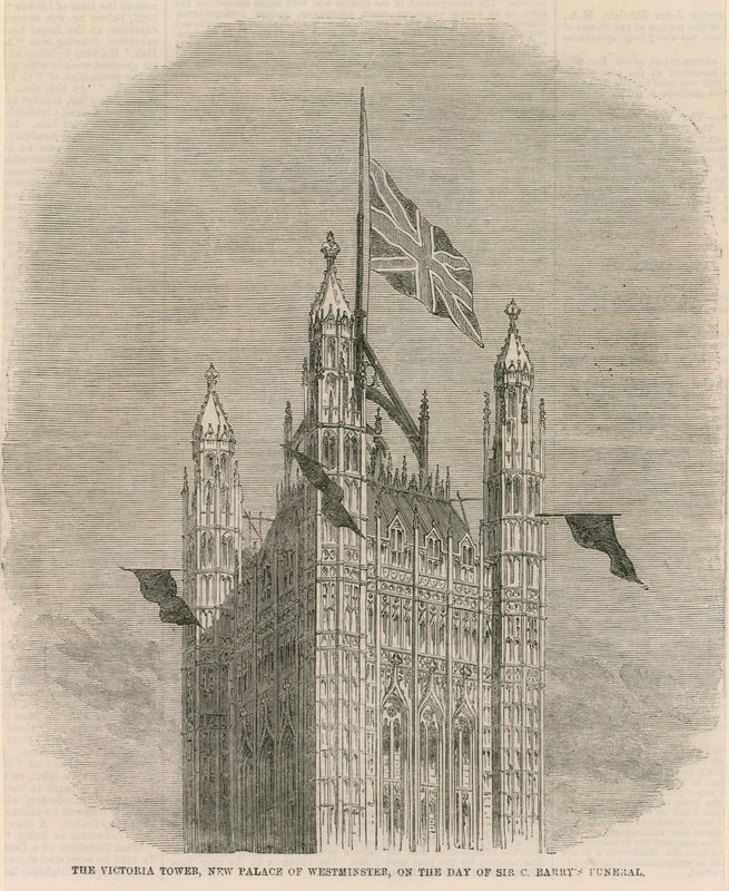 Victoria Tower, nový Westminsterský palác, v den pohřbu sira C Barnetse od English School