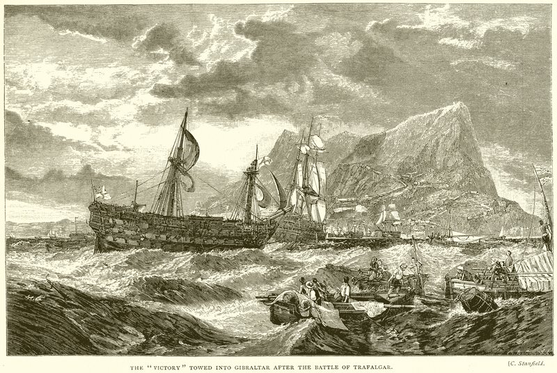 Victory odtažena do Gibraltaru po bitvě u Trafalgaru od English School