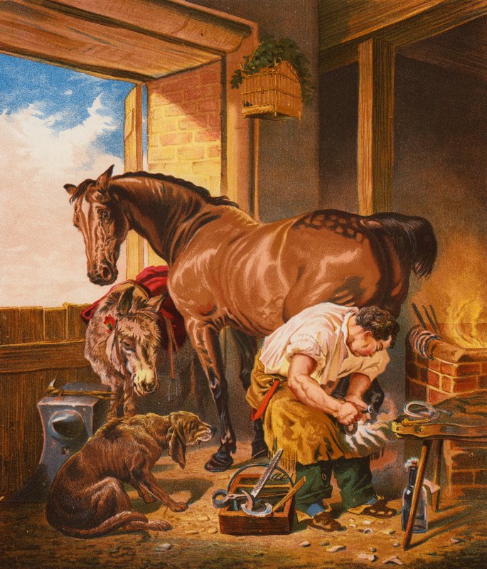 Vesnická kovárna (barevná litografie) od English School