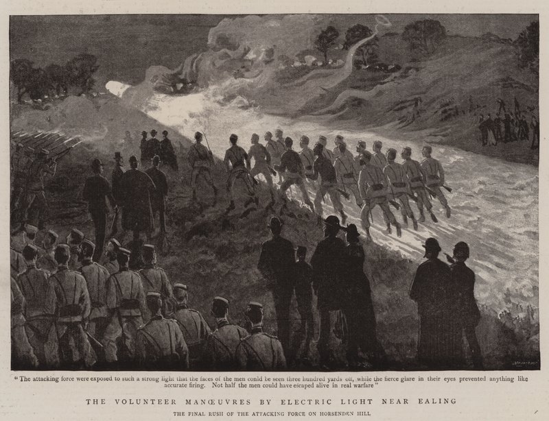 Volunteer Maneuvers by Electric Light near Ealing (litho) od English School