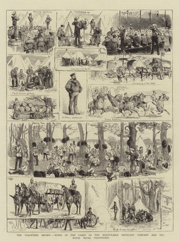 The Volunteer Review, Notes in the Campes of the Honorable Artillery Company and the Royal Naval Volunteers (rytina) od English School