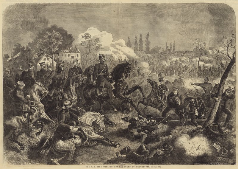 Válka, král William a jeho štáb v Gravelotte (rytina) od English School