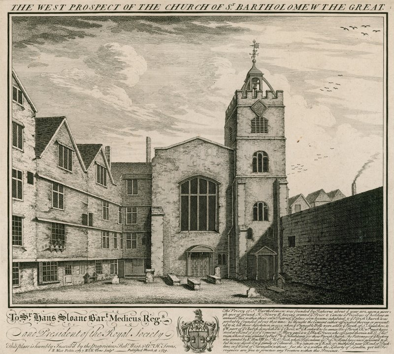 Západní prospekt kostela svatého Bartoloměje Velikého od English School