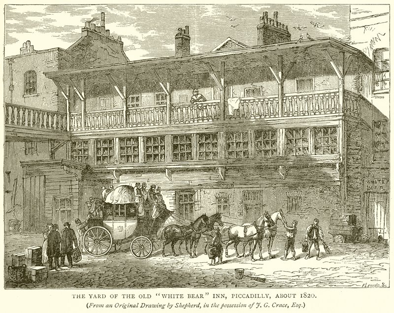 The Yard of the Old White Bear Inn, Piccadilly, asi 1820 od English School